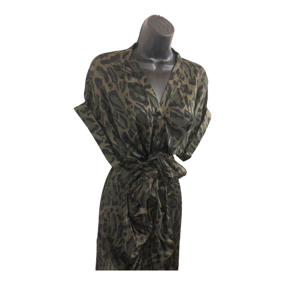Steve Madden TORI Tony camo green satin look belted button front shirtdress szL - Picture 6 of 17
